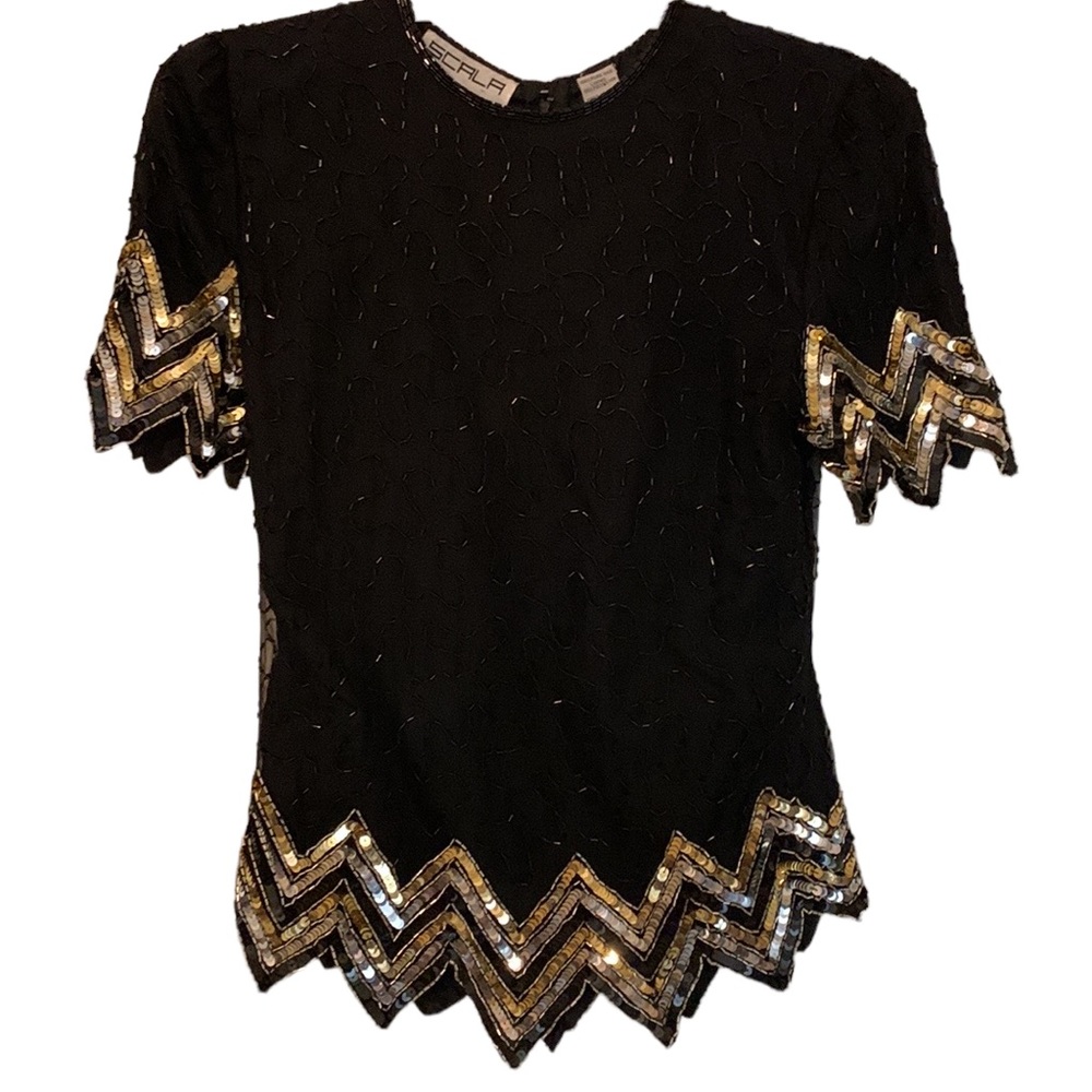 Scala 100% silk bead sequin EUC top, black with gold and silver, size M